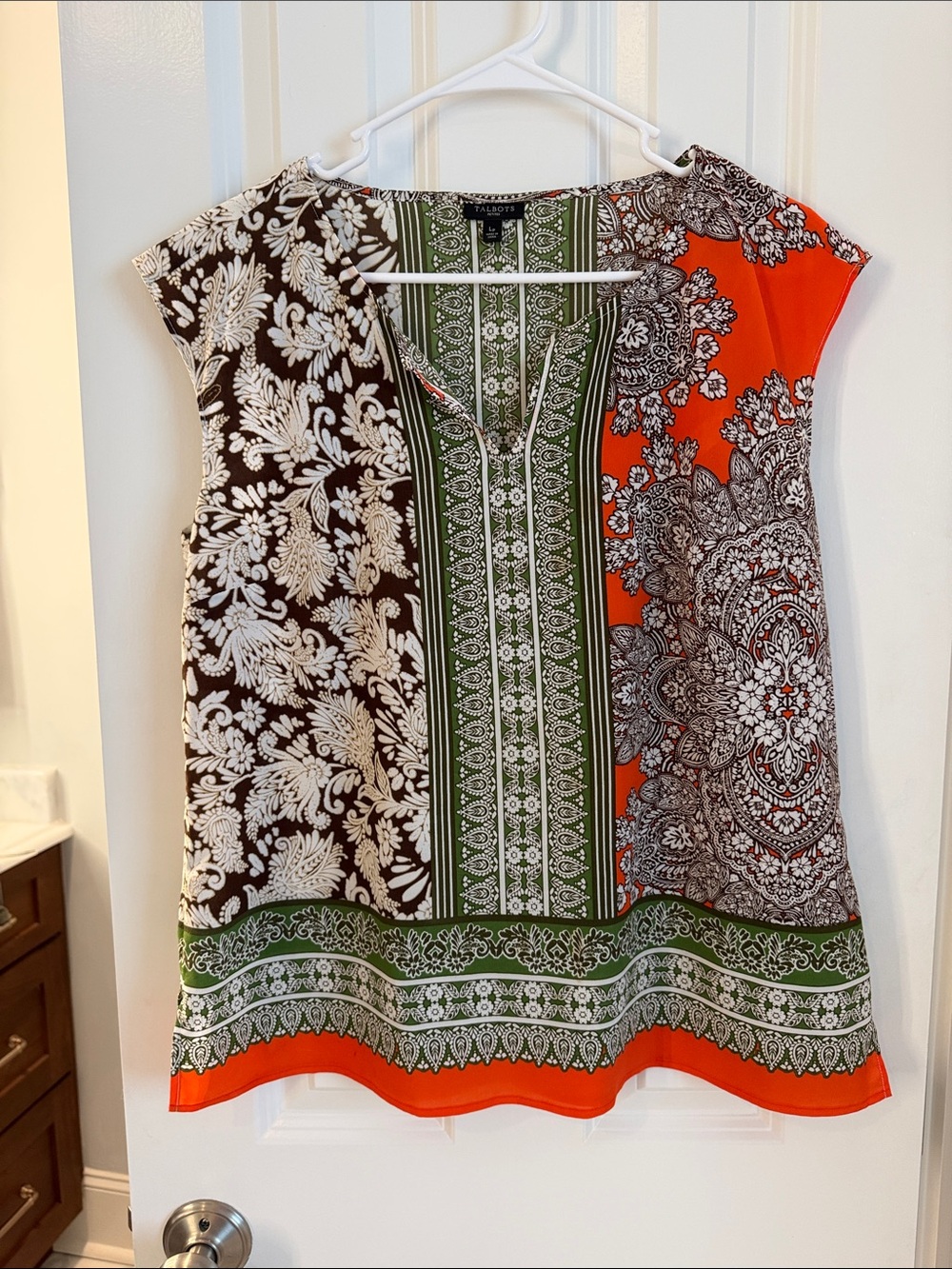 Talbots Orange, Green & Brown Printed Cap-Sleeve Tunic